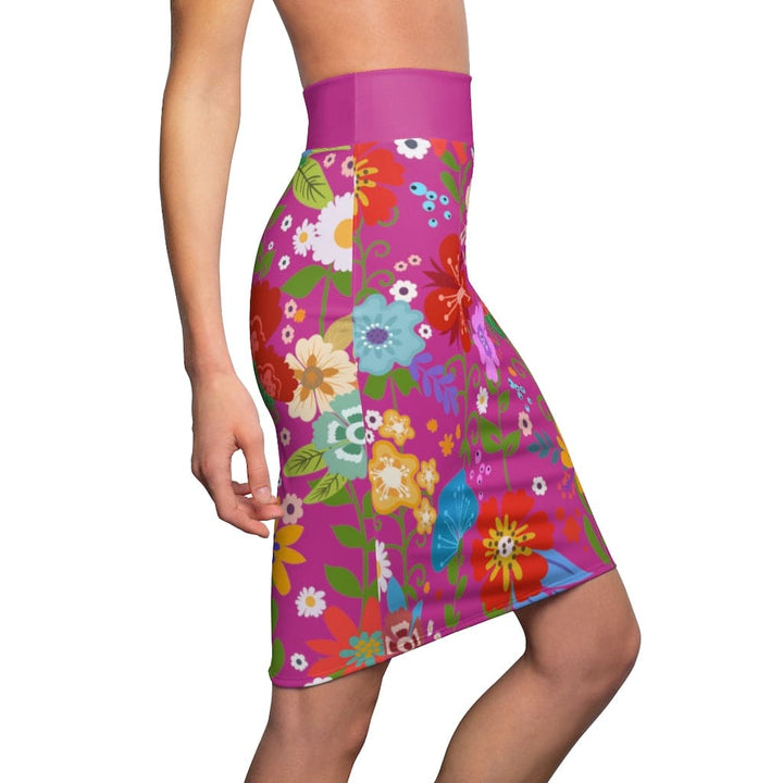 Womens Pencil Skirt - High Waist Stretch - Multicolor Floral Print - Pink-2