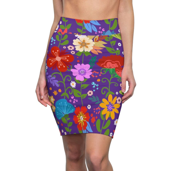 Womens Pencil Skirt - High Waist Stretch - Multicolor Floral Print - Purple-0