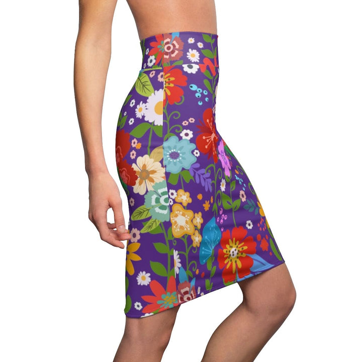 Womens Pencil Skirt - High Waist Stretch - Multicolor Floral Print - Purple-2