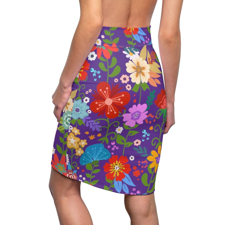 Womens Pencil Skirt - High Waist Stretch - Multicolor Floral Print - Purple-1
