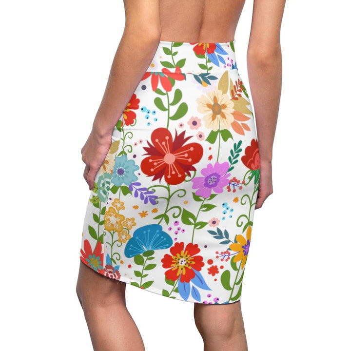 Womens Pencil Skirt - High Waist Stretch - Multicolor Floral Print-1