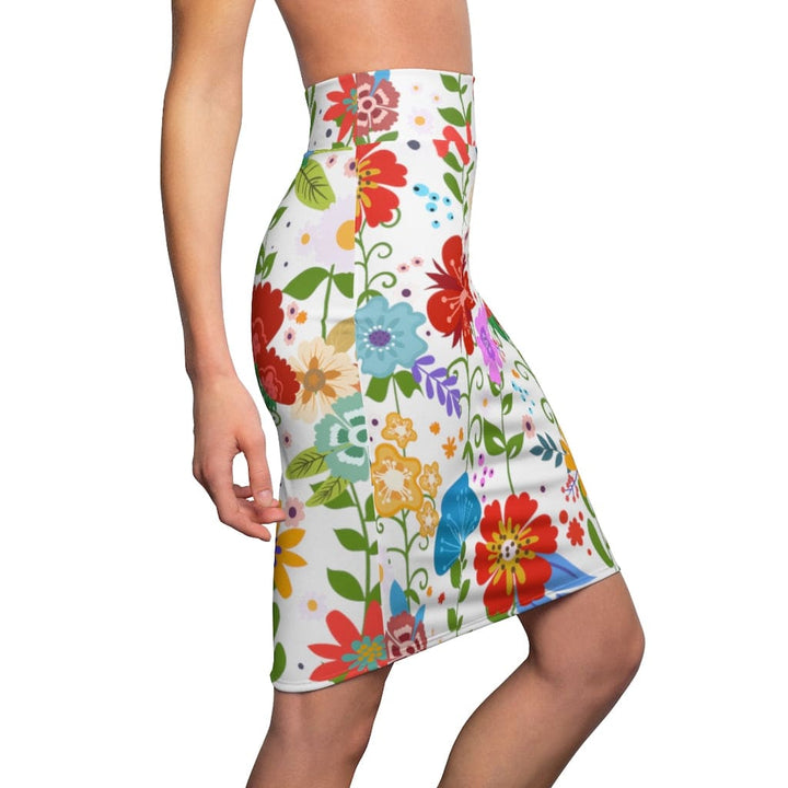 Womens Pencil Skirt - High Waist Stretch - Multicolor Floral Print-2