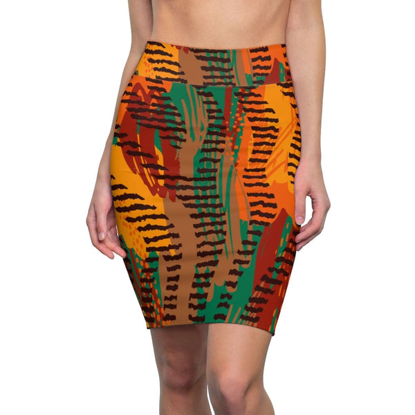 Womens Pencil Skirt - Orange Safari Stretch Mini-0