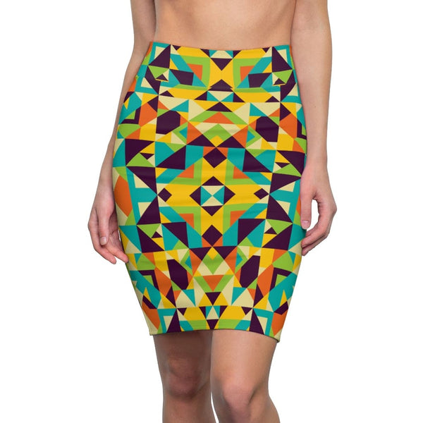 Womens Skirt - Yellow Multicolor Geometric Style Skirt-0
