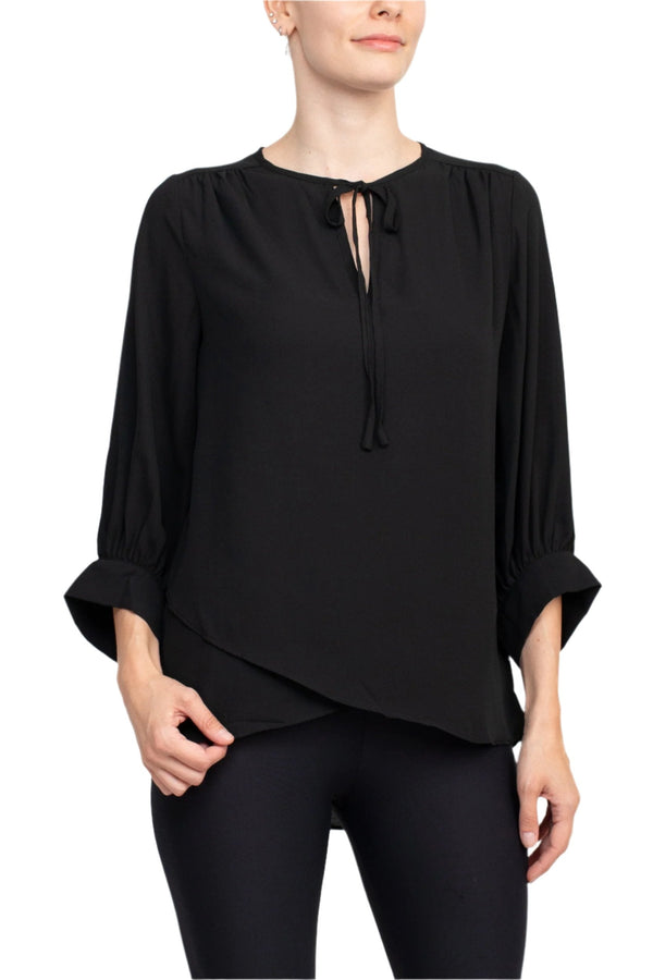 Joan Vass NY Crew Neck Tie Neck 3/4 Shirred Sleeve Front Panel Double Layer Crepe Top-0