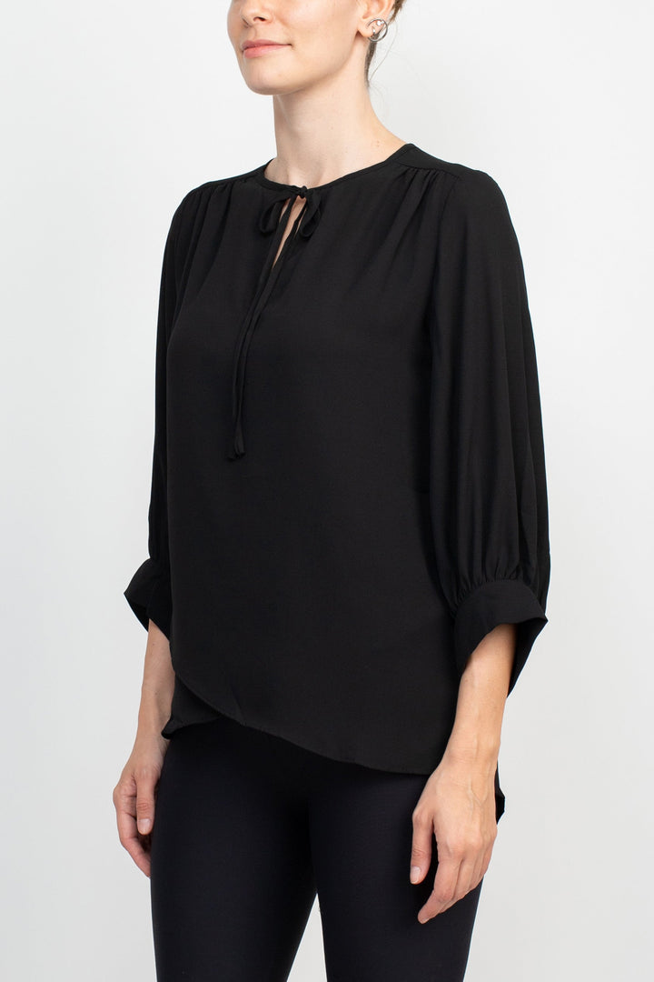 Joan Vass NY Crew Neck Tie Neck 3/4 Shirred Sleeve Front Panel Double Layer Crepe Top-2