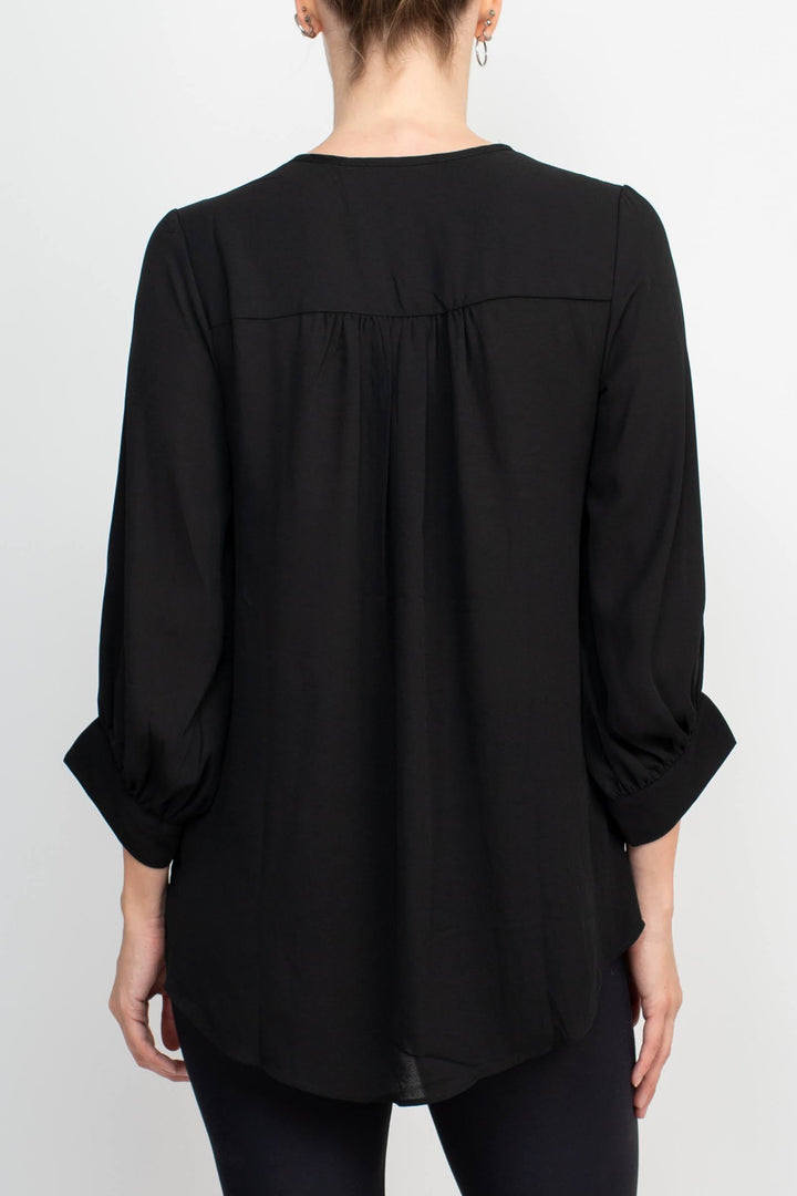 Joan Vass NY Crew Neck Tie Neck 3/4 Shirred Sleeve Front Panel Double Layer Crepe Top-4