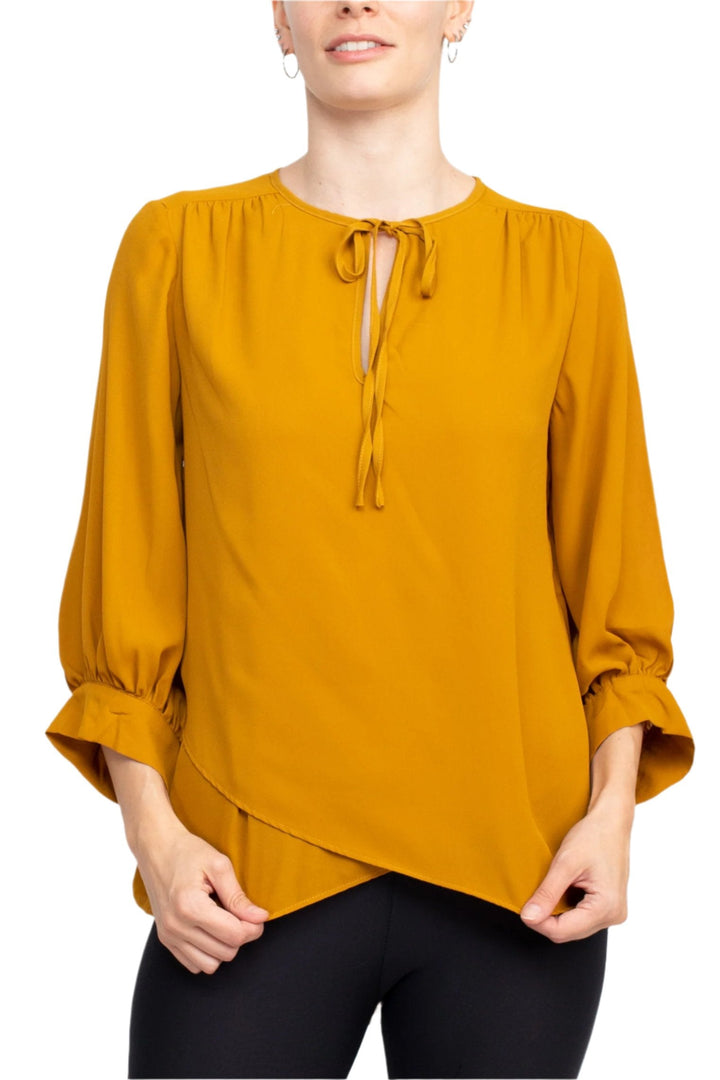 Joan Vass NY Crew Neck Tie Neck 3/4 Shirred Sleeve Front Panel Double Layer Crepe Top-1