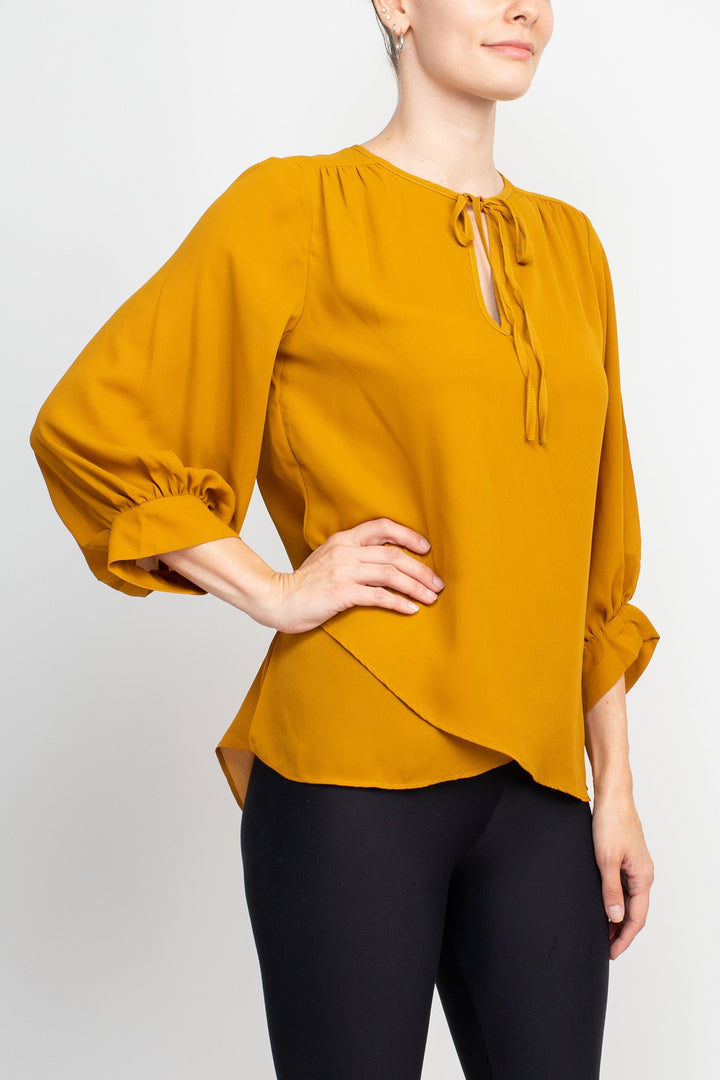 Joan Vass NY Crew Neck Tie Neck 3/4 Shirred Sleeve Front Panel Double Layer Crepe Top-3