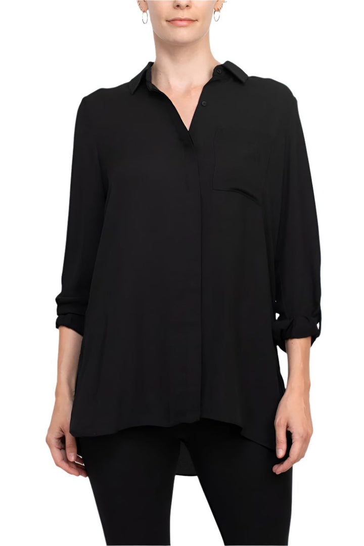 Joan Vass NY collared 3/4 sleeve front button closure chiffon crepe shirt-0