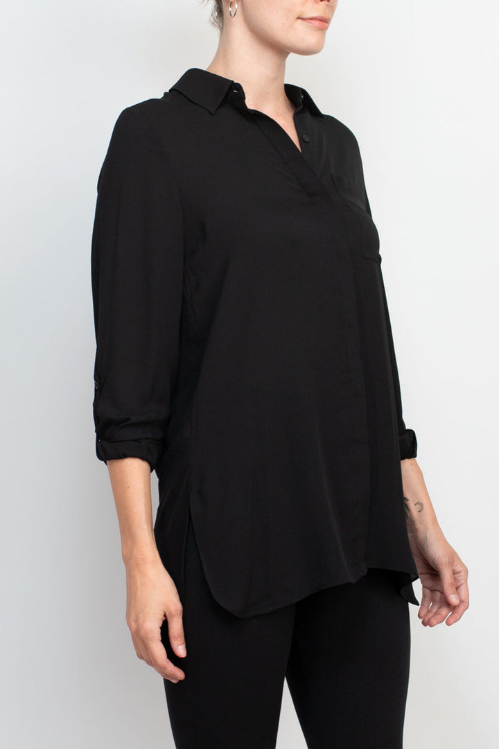Joan Vass NY collared 3/4 sleeve front button closure chiffon crepe shirt-1