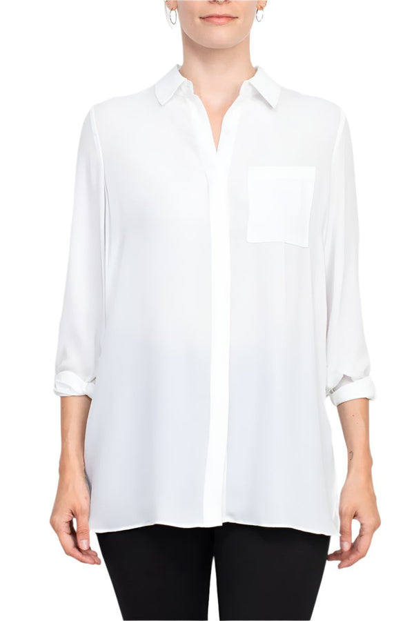 Joan Vass NY collared 3/4 sleeve front button closure chiffon crepe shirt-5