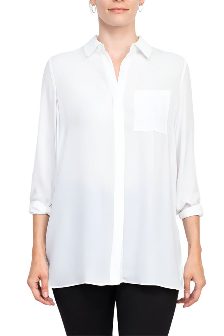 Joan Vass NY collared 3/4 sleeve front button closure chiffon crepe shirt-5