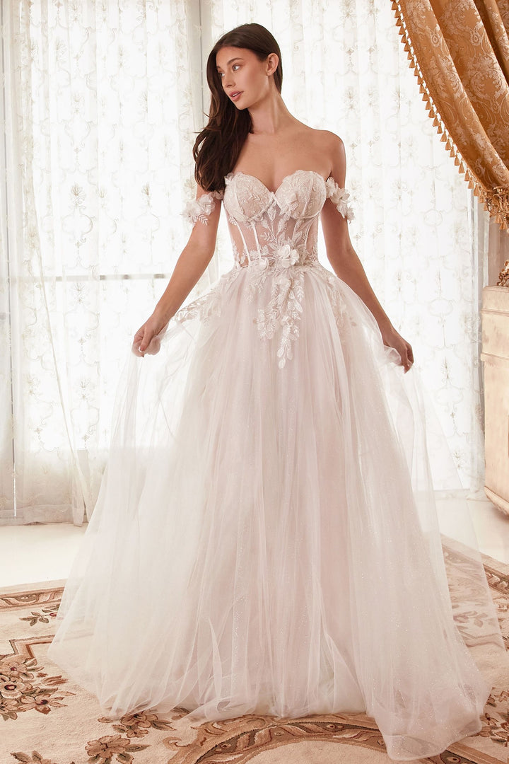 Off Shoulder Floral Applique A-Line Long Wedding Dress CDWN308-1