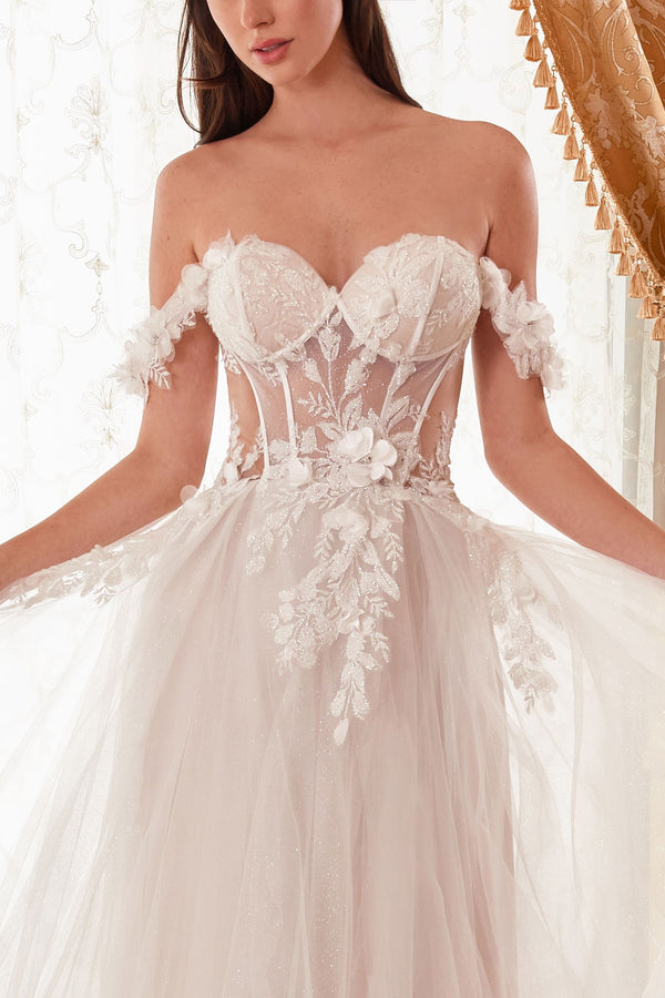Off Shoulder Floral Applique A-Line Long Wedding Dress CDWN308-0