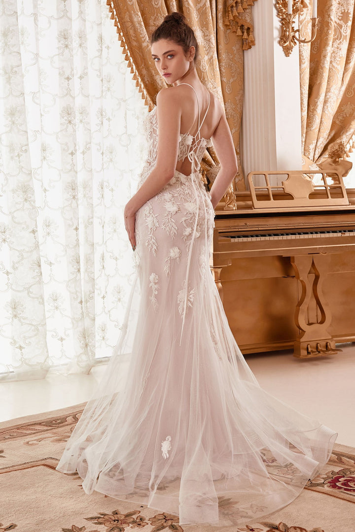 Fitted Mermaid Embroidered Floral Tulle Skirt Long Wedding Dress CDWN310-1