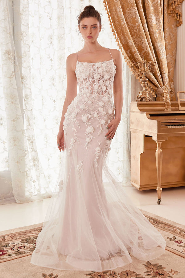 Fitted Mermaid Embroidered Floral Tulle Skirt Long Wedding Dress CDWN310-0