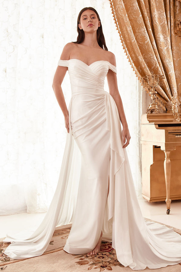 Draped Off The Shoulder With Overskirt Straps Side Slit Long Wedding Dress CDWN315-0