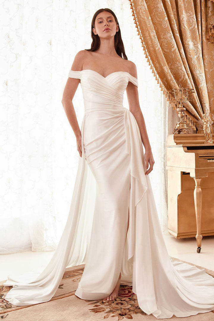 Draped Off The Shoulder With Overskirt Straps Side Slit Long Wedding Dress CDWN315-0