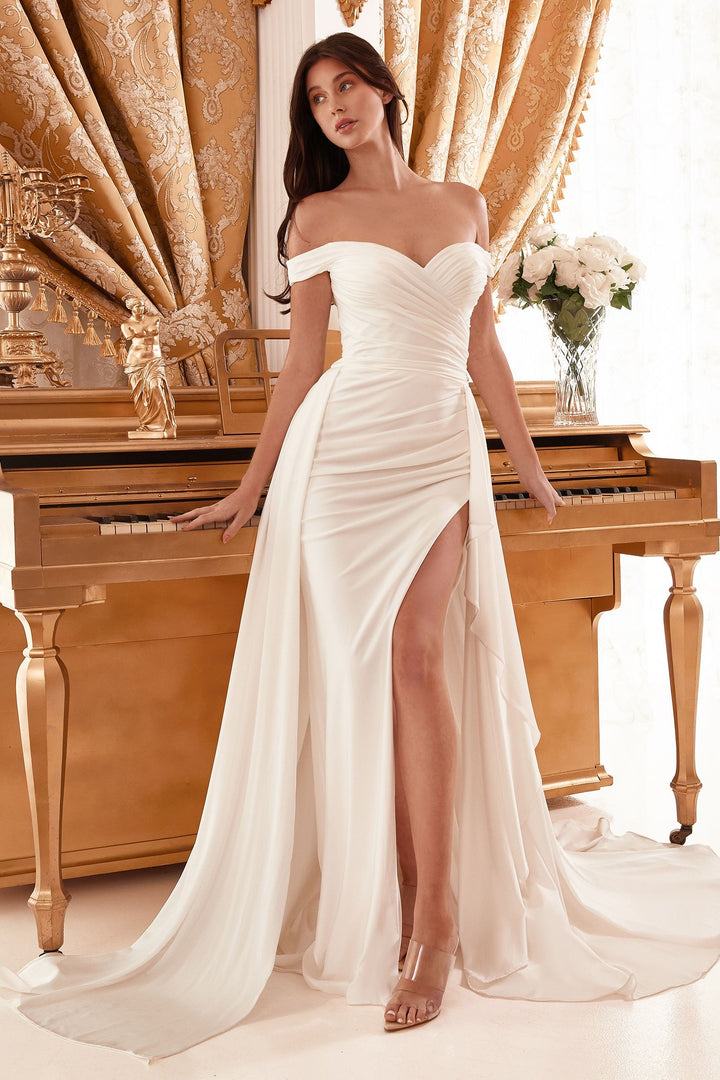 Draped Off The Shoulder With Overskirt Straps Side Slit Long Wedding Dress CDWN315-2