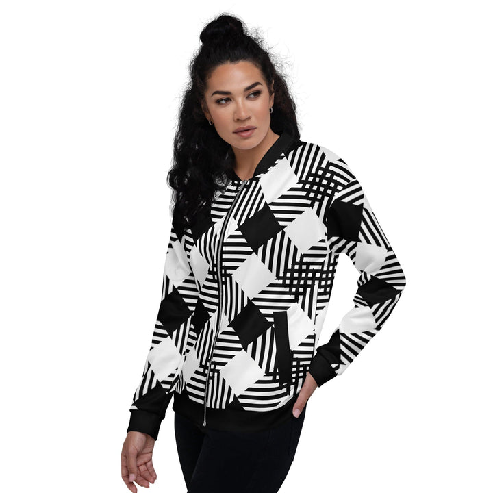 Womens Bomber Jacket - Black and White Plaid Print-2