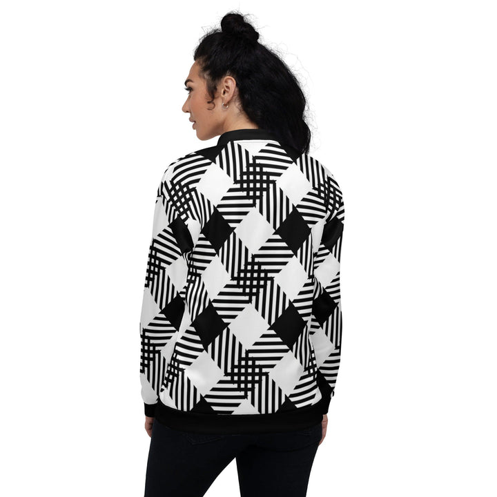 Womens Bomber Jacket - Black and White Plaid Print-1