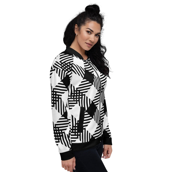 Womens Bomber Jacket - Black and White Plaid Print-3