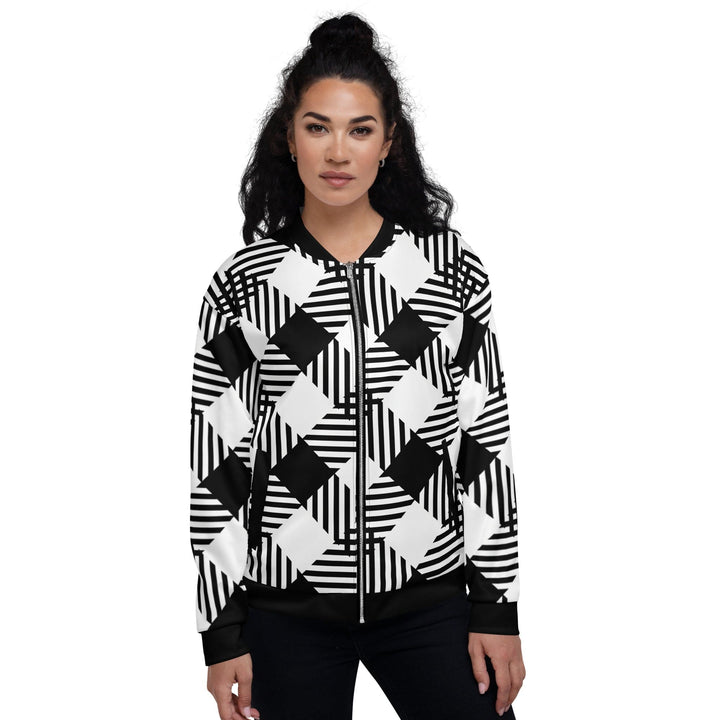 Womens Bomber Jacket - Black and White Plaid Print-0