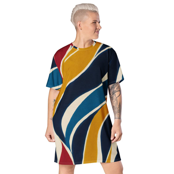 Womens Graphic T-shirt Dress - Abstract Multicolor Swirl Line Pattern-0
