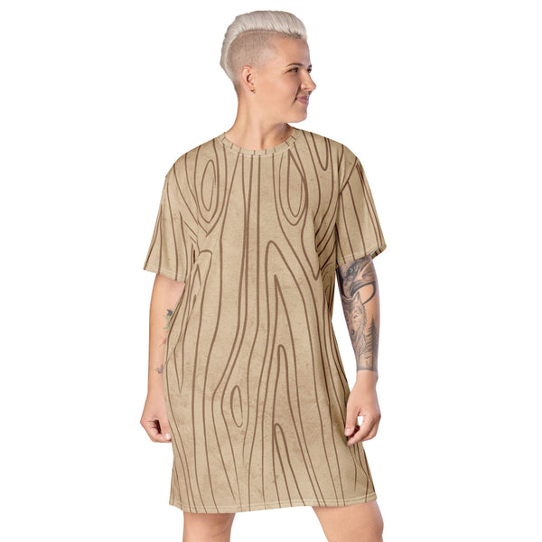 Womens Graphic T-shirt Dress - Beige Brown Tree Sketch Lines-0