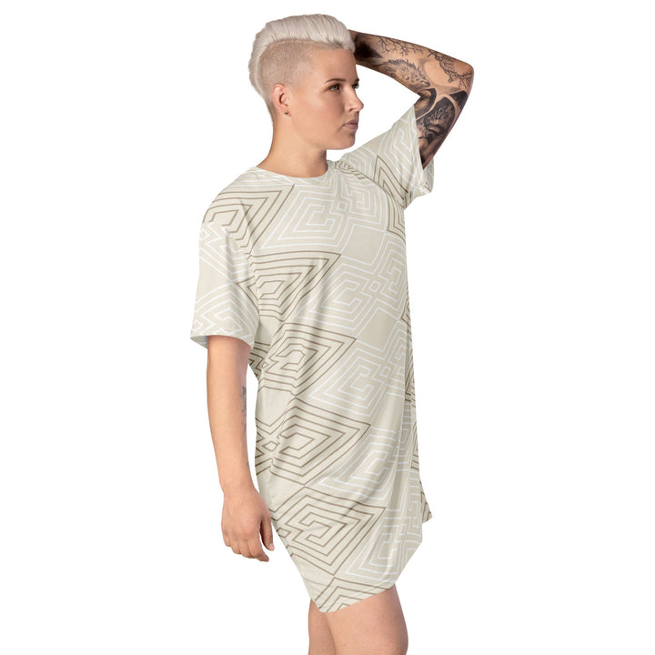 Womens Graphic T-shirt Dress - Beige Brown Aztec Geometric Lines-3