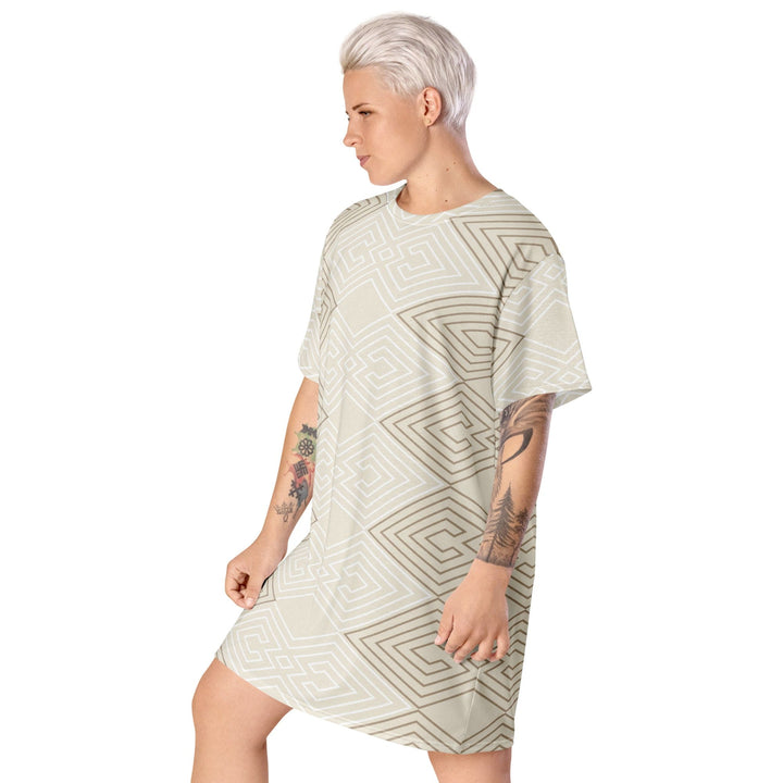 Womens Graphic T-shirt Dress - Beige Brown Aztec Geometric Lines-2