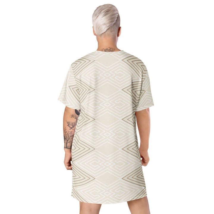 Womens Graphic T-shirt Dress - Beige Brown Aztec Geometric Lines-1
