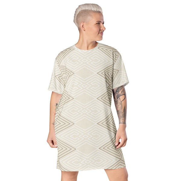 Womens Graphic T-shirt Dress - Beige Brown Aztec Geometric Lines-0