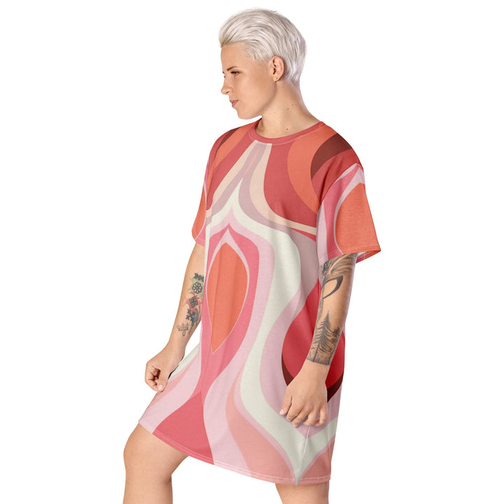 Womens Graphic T-shirt Dress - Pink White Boho Swirl Lines-2