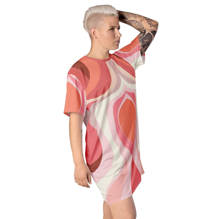 Womens Graphic T-shirt Dress - Pink White Boho Swirl Lines-3