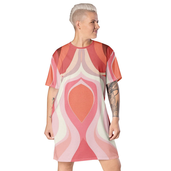 Womens Graphic T-shirt Dress - Pink White Boho Swirl Lines-0