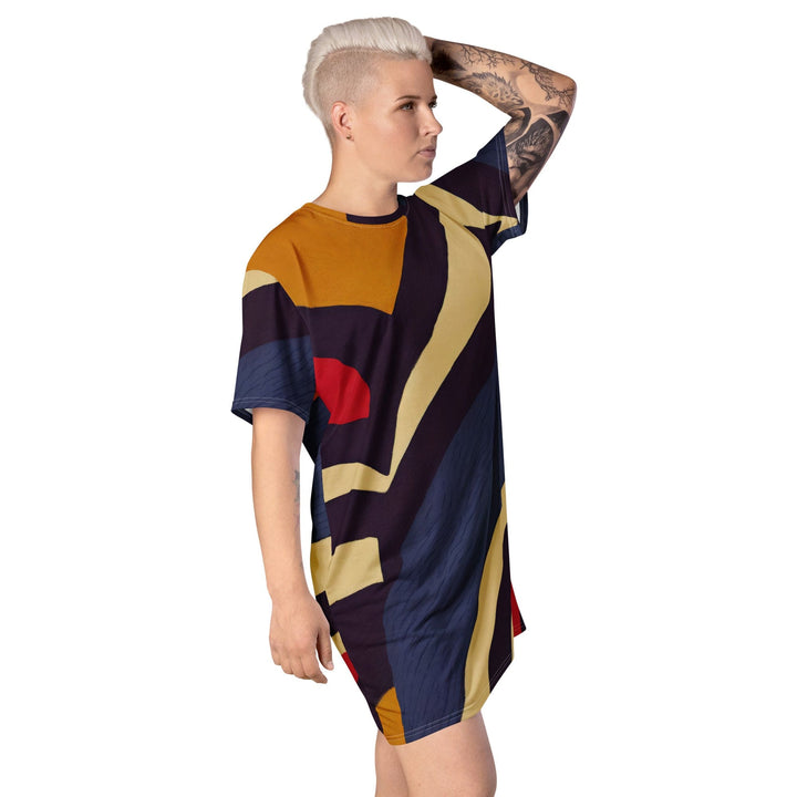 Womens Graphic T-shirt Dress - Brown Red Blue Colorblock Lines-3