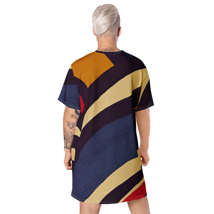 Womens Graphic T-shirt Dress - Brown Red Blue Colorblock Lines-4
