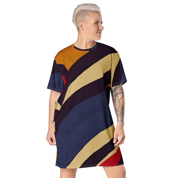 Womens Graphic T-shirt Dress - Brown Red Blue Colorblock Lines-0