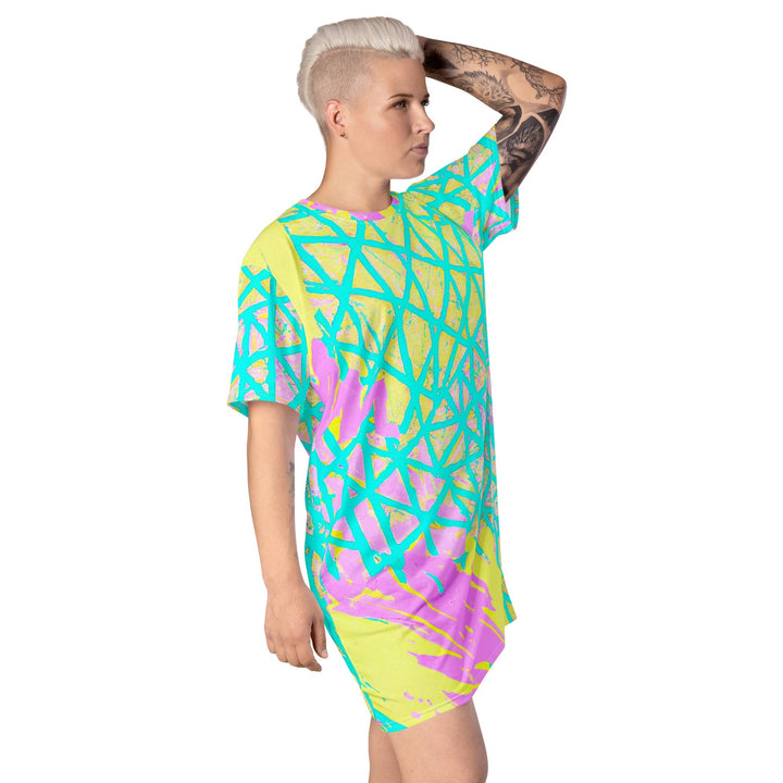 Womens Graphic T-shirt Dress - Cyan Blue Lime Green and Pink Pattern-3