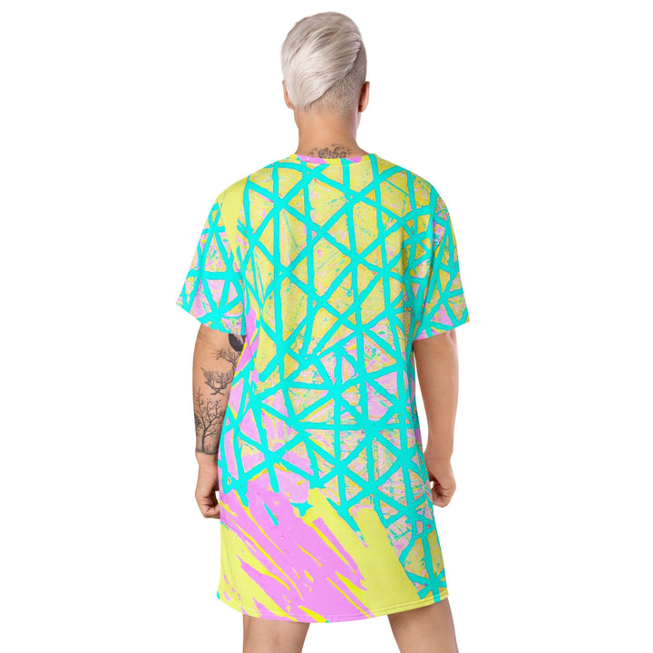 Womens Graphic T-shirt Dress - Cyan Blue Lime Green and Pink Pattern-1