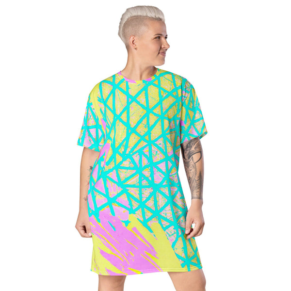 Womens Graphic T-shirt Dress - Cyan Blue Lime Green and Pink Pattern-0