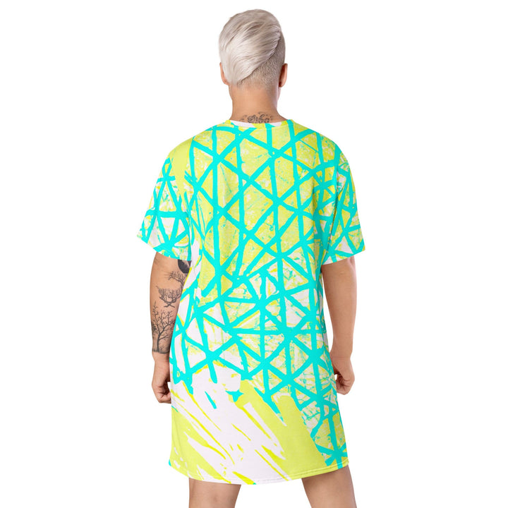 Womens Graphic T-shirt Dress - Cyan Blue Lime Green and White Pattern-1