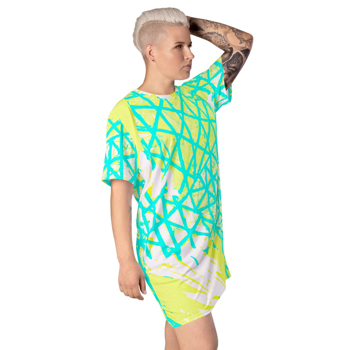 Womens Graphic T-shirt Dress - Cyan Blue Lime Green and White Pattern-3