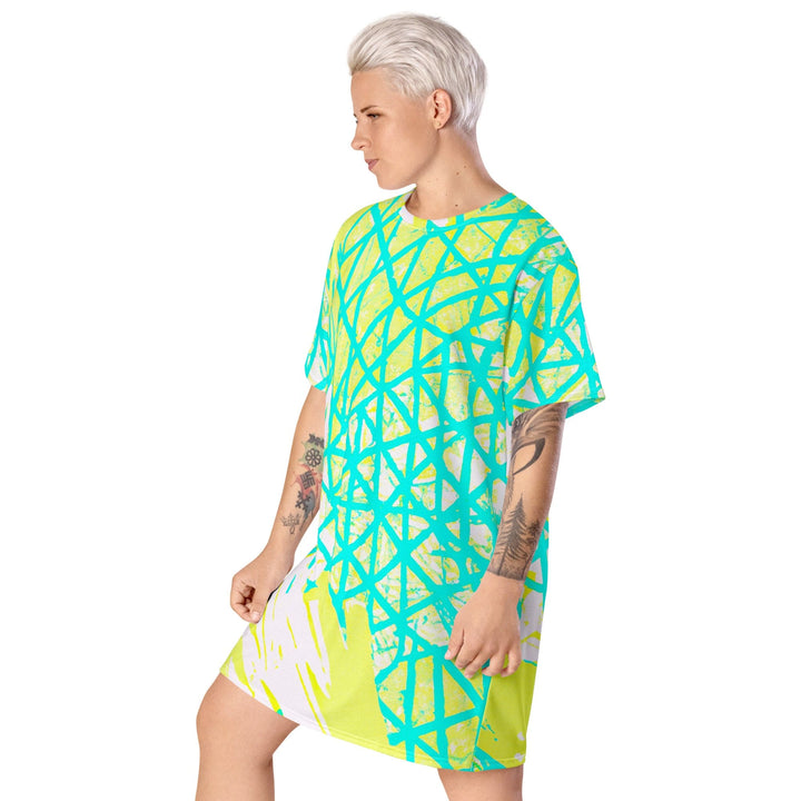 Womens Graphic T-shirt Dress - Cyan Blue Lime Green and White Pattern-2