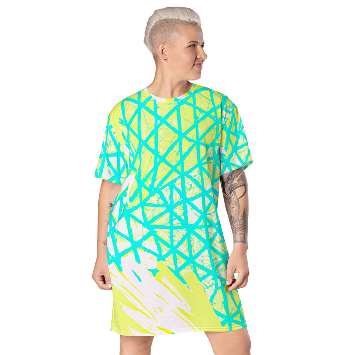 Womens Graphic T-shirt Dress - Cyan Blue Lime Green and White Pattern-0
