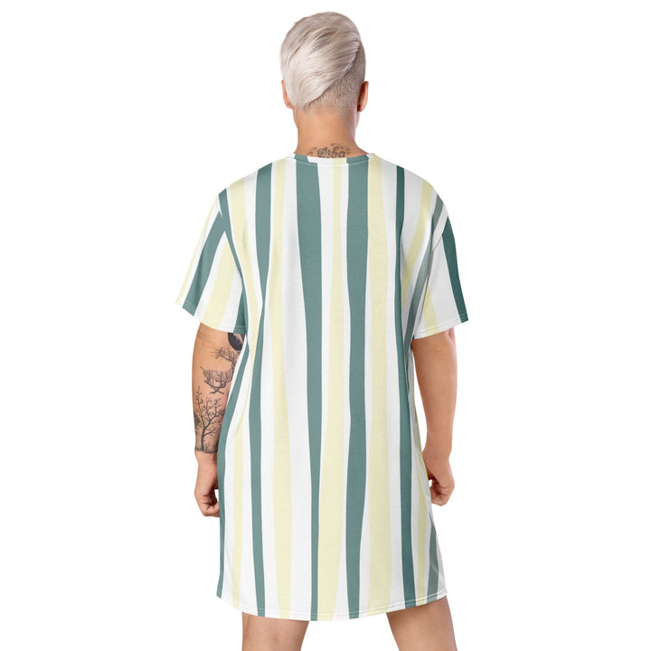 Womens Graphic T-shirt Dress - Green Yellow Geometric Lines-1