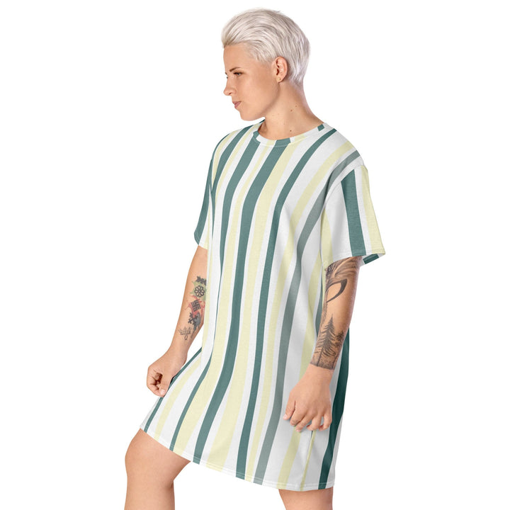 Womens Graphic T-shirt Dress - Green Yellow Geometric Lines-2