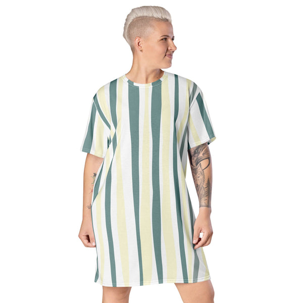 Womens Graphic T-shirt Dress - Green Yellow Geometric Lines-0